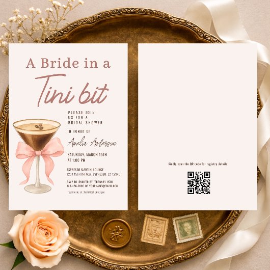 QRコード付き「Bride in a Tini Bit」ブライダルシャワー 招待状