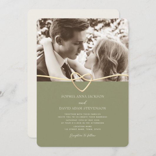 QRコード付きSage Greenフォト結婚式招待状 招待状 (正面/裏面)