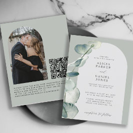QRコード付予算賢くアーチ写真結婚式招待状