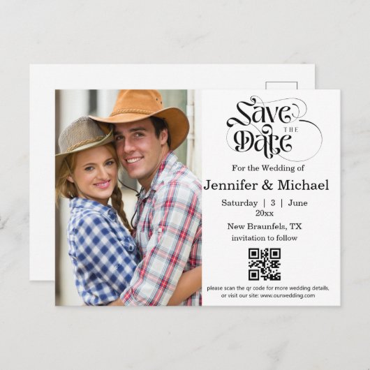 qrコード写真の日付シンプルを保存結婚する 案内ポストカード (正面/裏面)