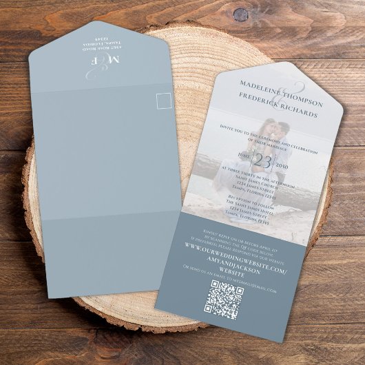 QRコード写真エレガントダスティブルーRSVPオンライン オールインワン招待状