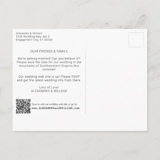 QRコード写真スクリプト注モダン記日付の保存 案内ポストカード (裏面)