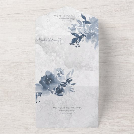 QRコード動揺して付き白色の青フローラ オールインワン招待状 (外側)