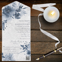 QRコード動揺して付き白色の青フローラ オールインワン招待状