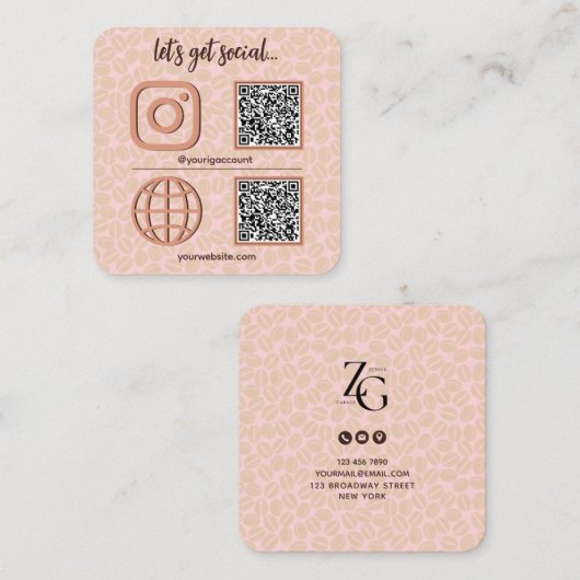 QRコード可愛いコーヒーパターンソーシャルメディア看板 スクエア名刺 (正面/裏面)