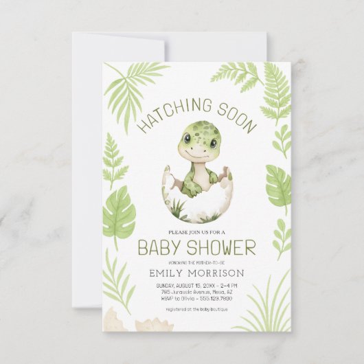 QRコード可愛い恐竜ハッチングもうすぐ赤ちゃんシャワー 招待状 (正面)