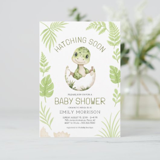 QRコード可愛い恐竜ハッチングもうすぐ赤ちゃんシャワー 招待状 (スタンド正面)