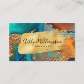 QRコード大理石の水色金ゴールドターコイズスクリプト 名刺 (正面)