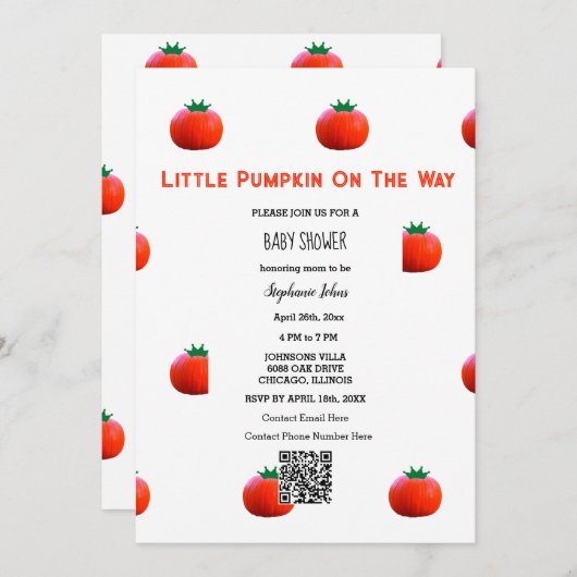 QRコード小さなかぼちゃの途中の赤ちゃんシャワー 招待状 (正面/裏面)