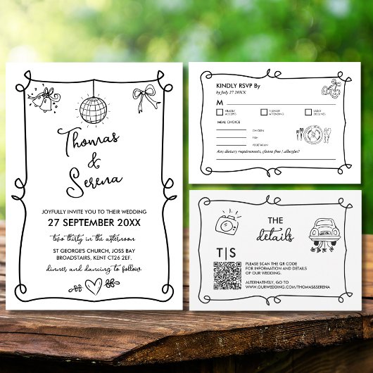 QRコード手描きドゥードル出欠返信カード 出欠カード