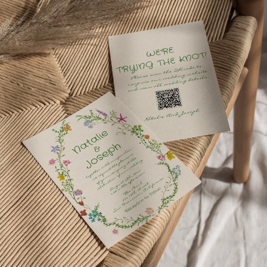 QRコード手書きカラフルフローラリース結婚 招待状