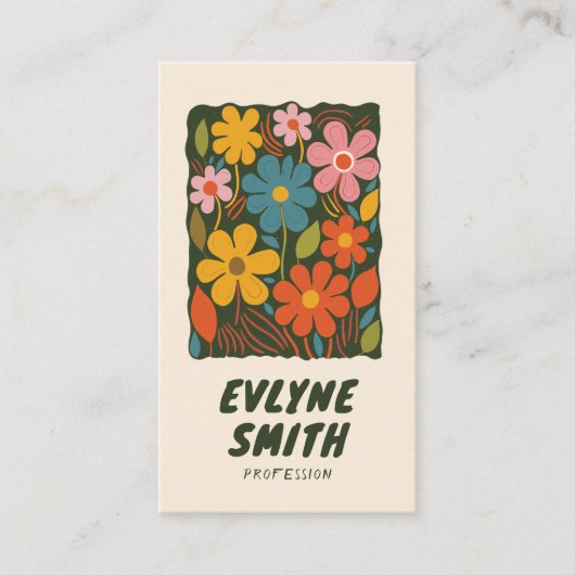 QRコード手書きカラフルレトロファンキーフローラ 名刺 (正面)