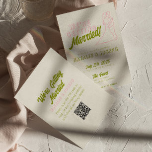 QRコード手書きカラフルレトロファンキー結婚の 招待状