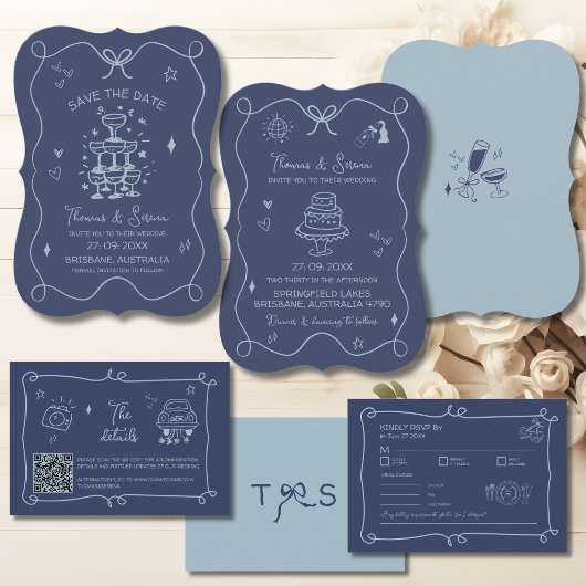 QRコード手書きドードルスクライブモダンルブルー エンクロージャーカード