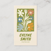 QRコード手書き緑のはっきりしたレトロファンキーフローラ 名刺 (正面)