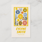 QRコード手書き黄描色のはっきりしたレトロフローラ 名刺 (正面)