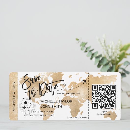 QRコード日付搭乗券の世界地図を保存 招待状 (スタンド正面)