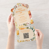 QRコード水彩ピンクオレンジ色ワイルドフラワー結婚ズ オールインワン招待状 (貼ってはがせる)