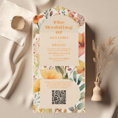QRコード水彩ピンクオレンジ色ワイルドフラワー結婚ズ オールインワン招待状