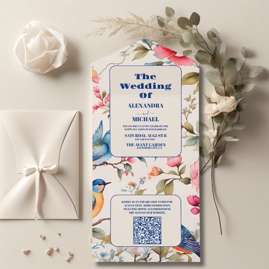 QRコード水彩鳥牡丹チノワセリーガーデン オールインワン招待状