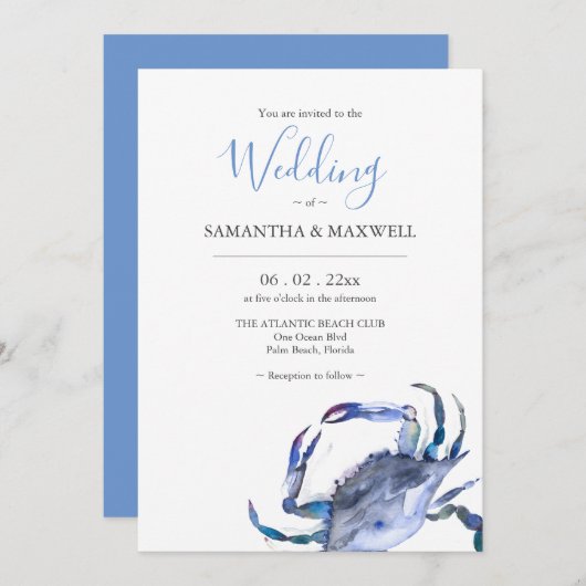 QRコード水色カニ付き結婚式招待状 招待状 (正面/裏面)