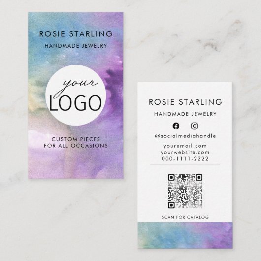 QRコード水色ジュエリーロゴ縦線 名刺 (正面/裏面)