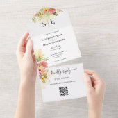 QRコード水色フローラモノグラム結婚ズ オールインワン招待状 (貼ってはがせる)