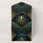 QRコード洗練されたグリーンと金ゴールドアールデコのWedd オールインワン招待状 (外側)