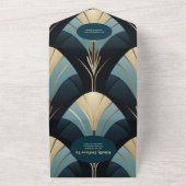 QRコード洗練された青と金ゴールドアールデコの結婚式 オールインワン招待状 (外側)