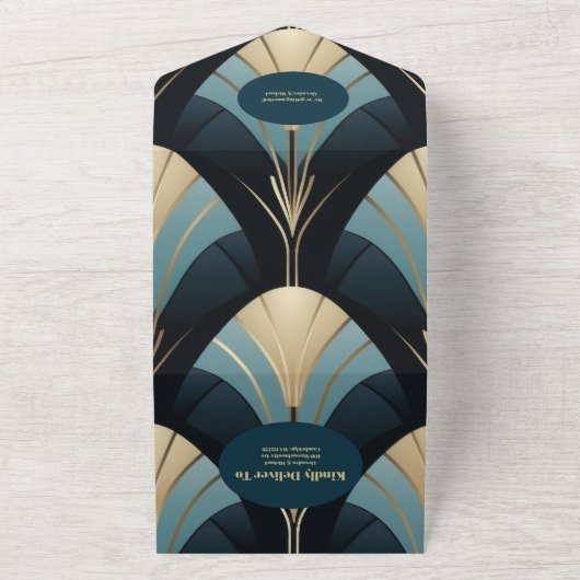 QRコード洗練された青と金ゴールドアールデコの結婚式 オールインワン招待状 (外側)