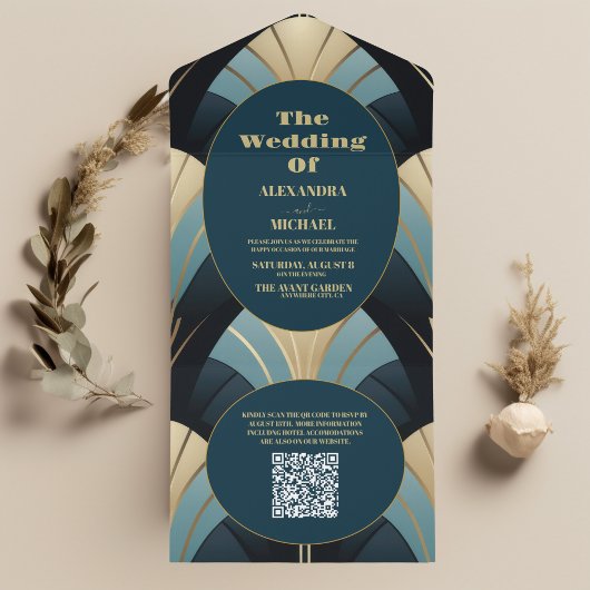 QRコード洗練された青と金ゴールドアールデコの結婚式 オールインワン招待状