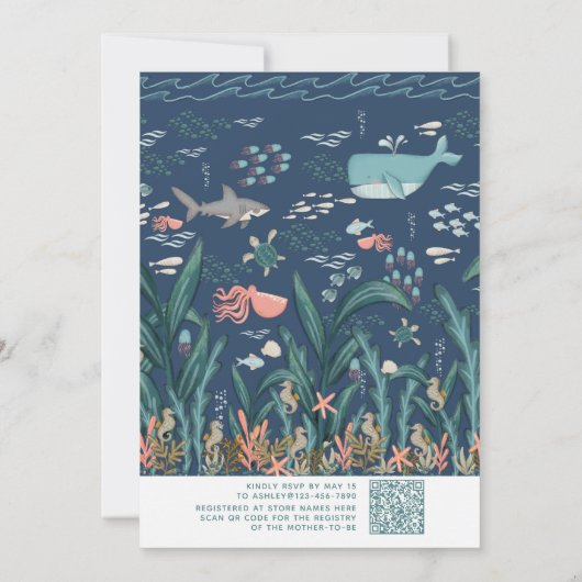 QRコード海の赤ちゃんシャワーの下の女の子 招待状 (裏面)