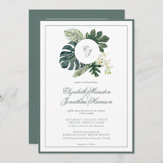 QRコード熱帯モンステラ蘭モノグラム写真 招待状 (正面/裏面)