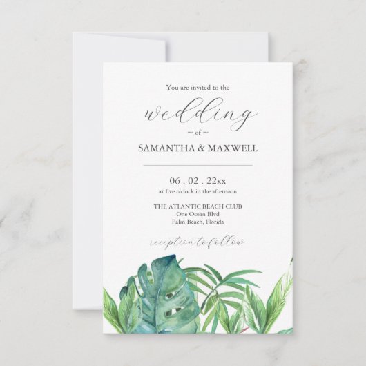 QRコード熱帯結婚式招待状を使用した葉 招待状 (正面)