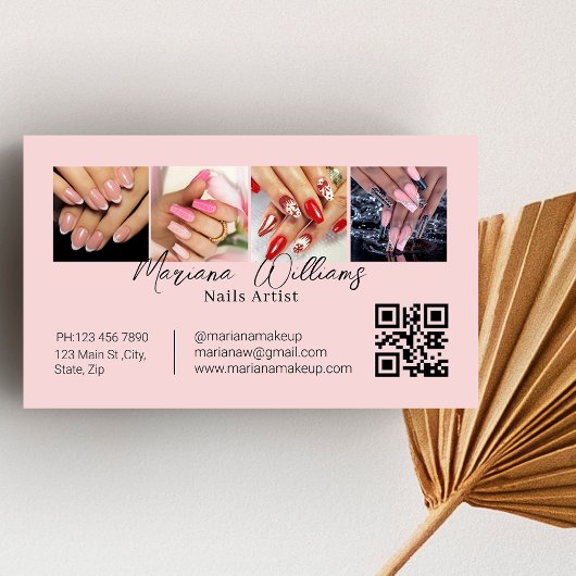 qrコード爪、 ネイルアーティスト4枚の写真コラージュピンク 名刺