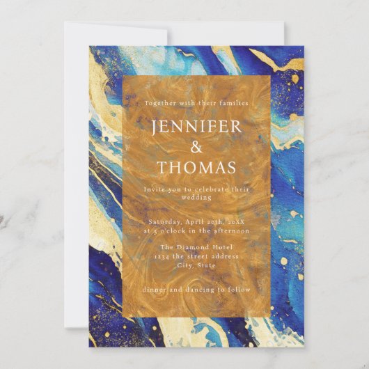 QRコード王室の付き青金ゴールド結婚式招待状 招待状 (正面)