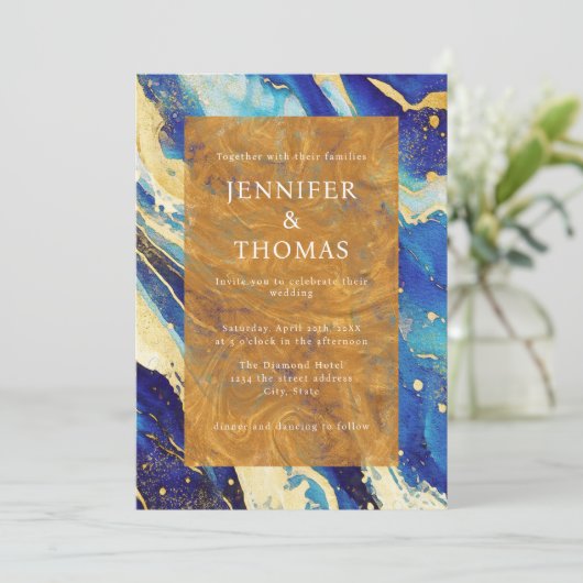 QRコード王室の付き青金ゴールド結婚式招待状 招待状 (スタンド正面)