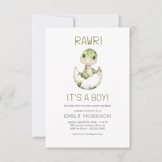 QRコード男の子かわいい恐竜の男の赤ちゃんシャワー 招待状 (正面)