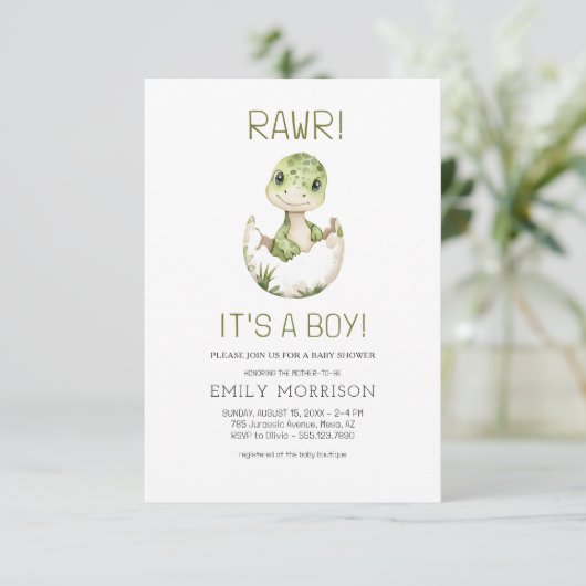 QRコード男の子かわいい恐竜の男の赤ちゃんシャワー 招待状 (スタンド正面)