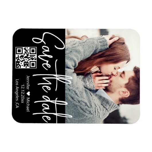 qrコード白黒結婚の写真の保存日付 マグネット (横)