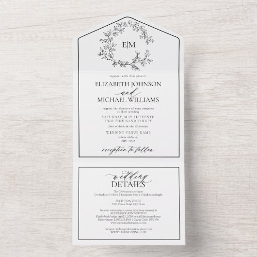 QRコード白黒葉紋モノグラム結婚ズ オールインワン招待状 (内側)