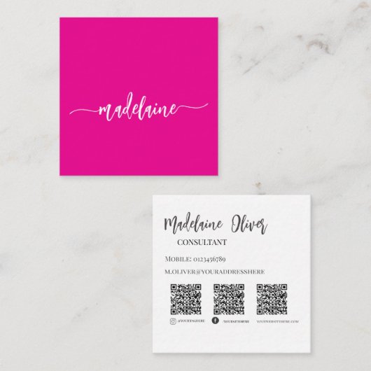 QRコード社交パーソナルピンクエレガント スクエア名刺 (正面/裏面)