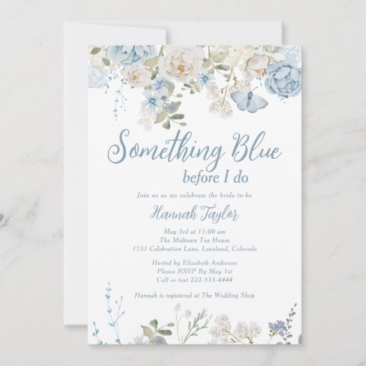 QRコード私がブライダルシャワーする前に何か青 招待状 (正面)