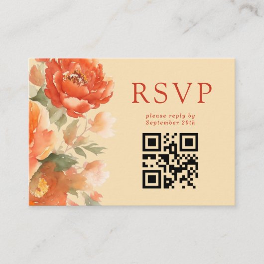 Qrコード秋燃えたオレンジ色のフローラ結婚式RSVP エンクロージャーカード (正面)
