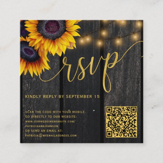 QRコード素朴ひまわり木結婚式RSVP エンクロージャーカード (正面)