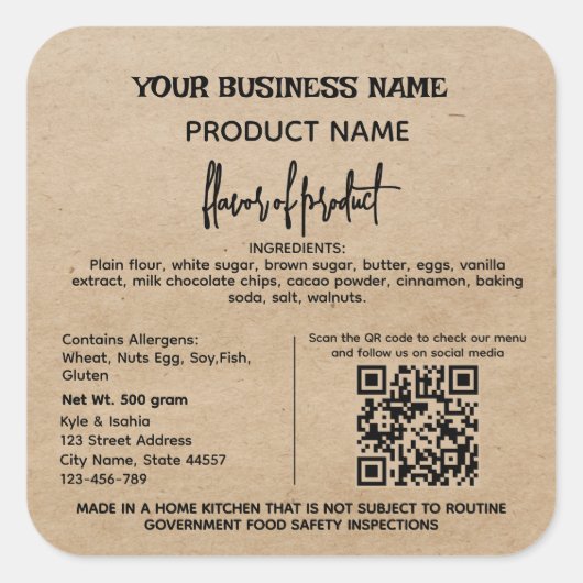 QRコード素朴テキサス州コテージ法食品ラベル スクエアシール (正面)