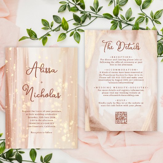 QRコード素朴テラコッタ金ゴールド水色結婚の 招待状