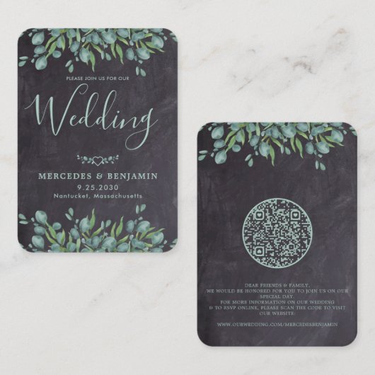 QRコード素朴ユーカリ結婚式招待状 エンクロージャーカード (正面/裏面)