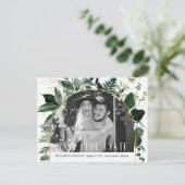 QRコード緑モダンの葉の日付を保存 案内ポストカード (スタンド正面)