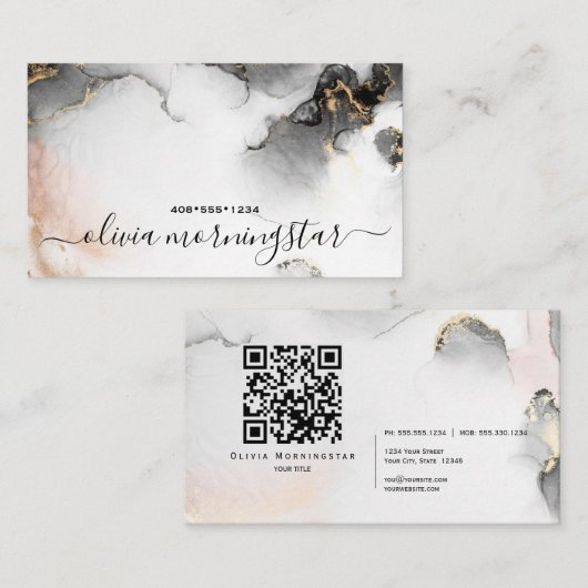 QRコード署名金ゴールド黒抽象芸術水色 名刺 (正面/裏面)